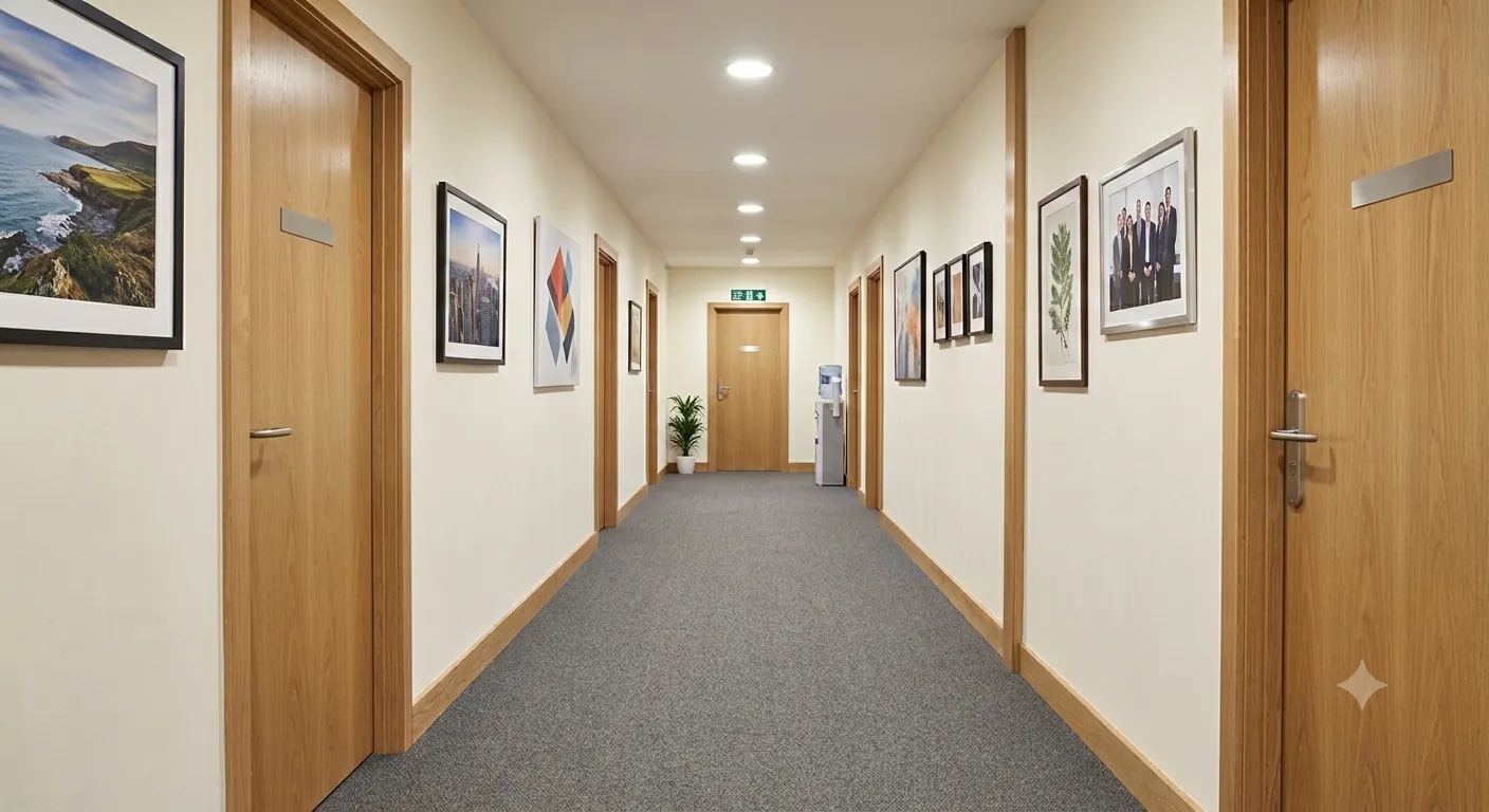 The Trades & Creative corridor on floor 1, lined with office doors.