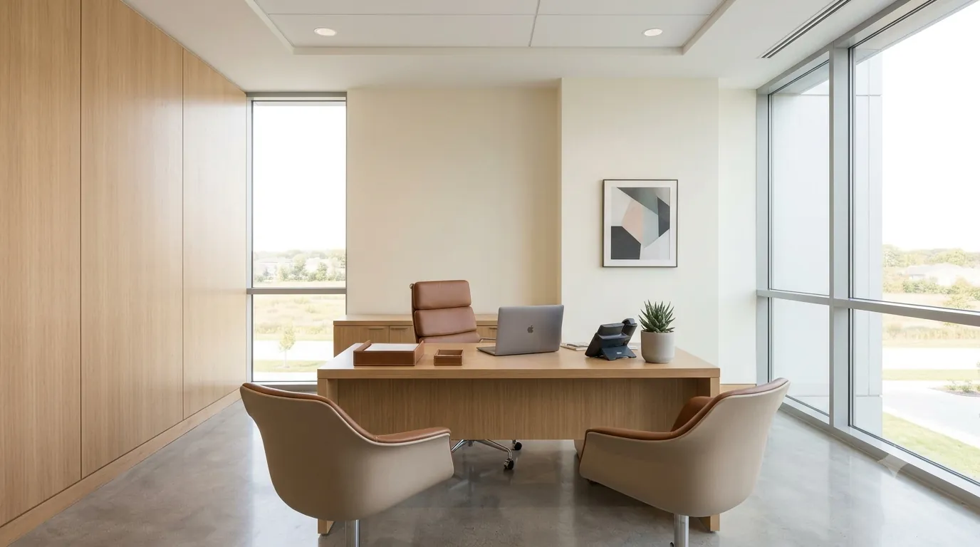 Inside Bright Books: a bright office with a desk, meeting chairs and floor-to-ceiling windows.