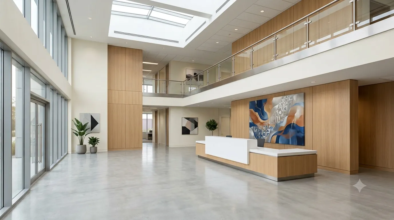 The reception of the YBC Business Hub: a bright double-height lobby with a welcome desk, tall windows and corridors leading away to the member floors.